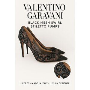 Valentino Garavani Black Mesh Swirl Appliqué Pointed Toe Stiletto Pumps Size 37